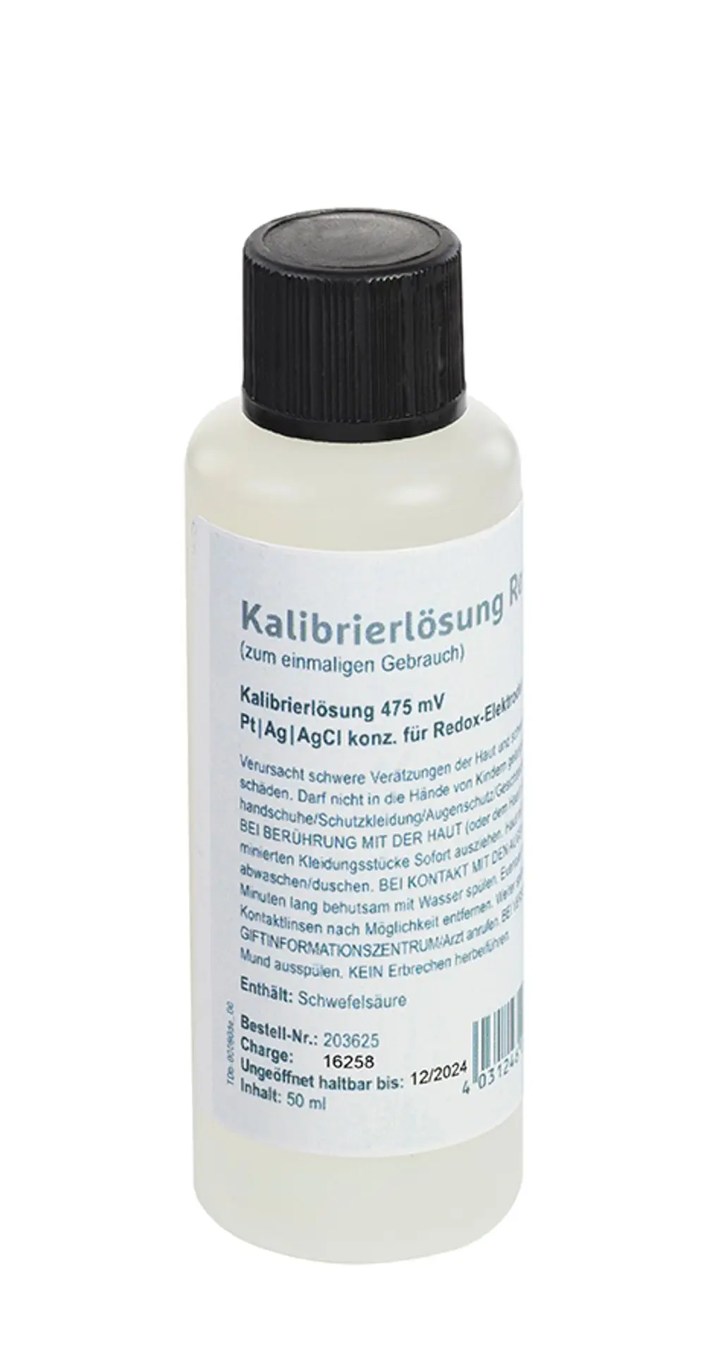 Transparente Flasche mit Kalibrierlösung, etikettiert mit Sicherheitsinformationen. Enthält Schwefelsäure, produziert von Grünbeck. Inhalt: 50 ml.